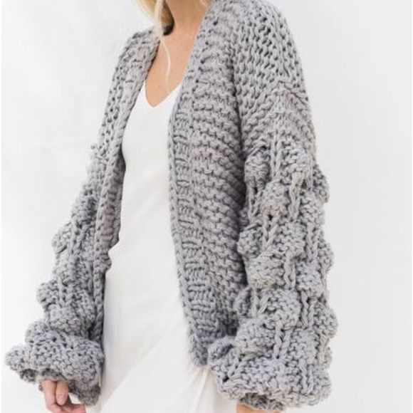 🆕Grey PomPom Bubble Sleeve Loose Knit Open Front Cardigan Jacket Blogger Favs - Picture 1 of 9